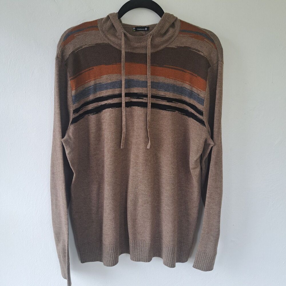 Smartwool Sparwood Hoodie Sweater Large Mens Merino Wool Brown Striped Pullover